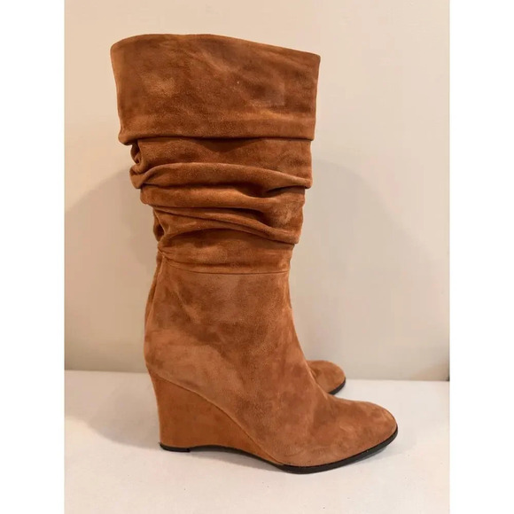 Theory Women's Suede Brown Leather Wedge Tall Boots Sz 39 US 8.5 - Picture 1 of 8